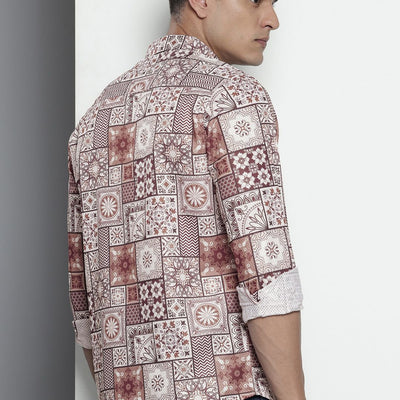 Men's Brown Regular Fit Indie Print Resort Wear Shirt