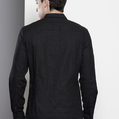 Men's Black Slim Fit Checked Party Wear Shirt