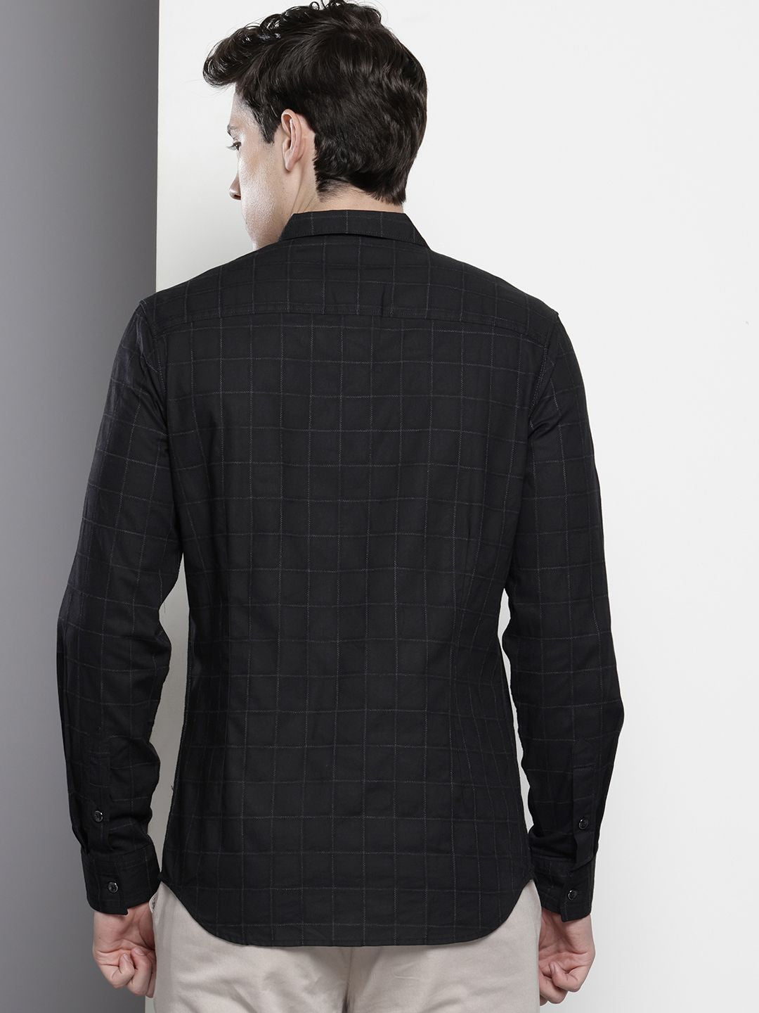 Men's Black Slim Fit Checked Party Wear Shirt