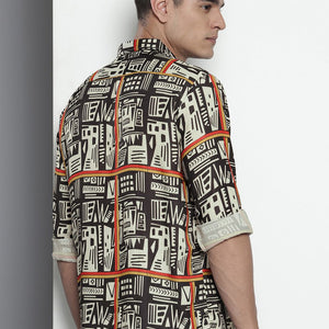 Men's Beige Relaxed Fit Geometric Print Resort Wear Shirt
