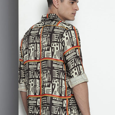 Men's Beige Relaxed Fit Geometric Print Resort Wear Shirt