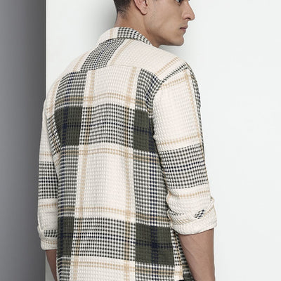 Men's Cream Relaxed Fit Textured Casual Shirt