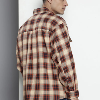 Men's Beige Oversized Checked Street Wear Shirt