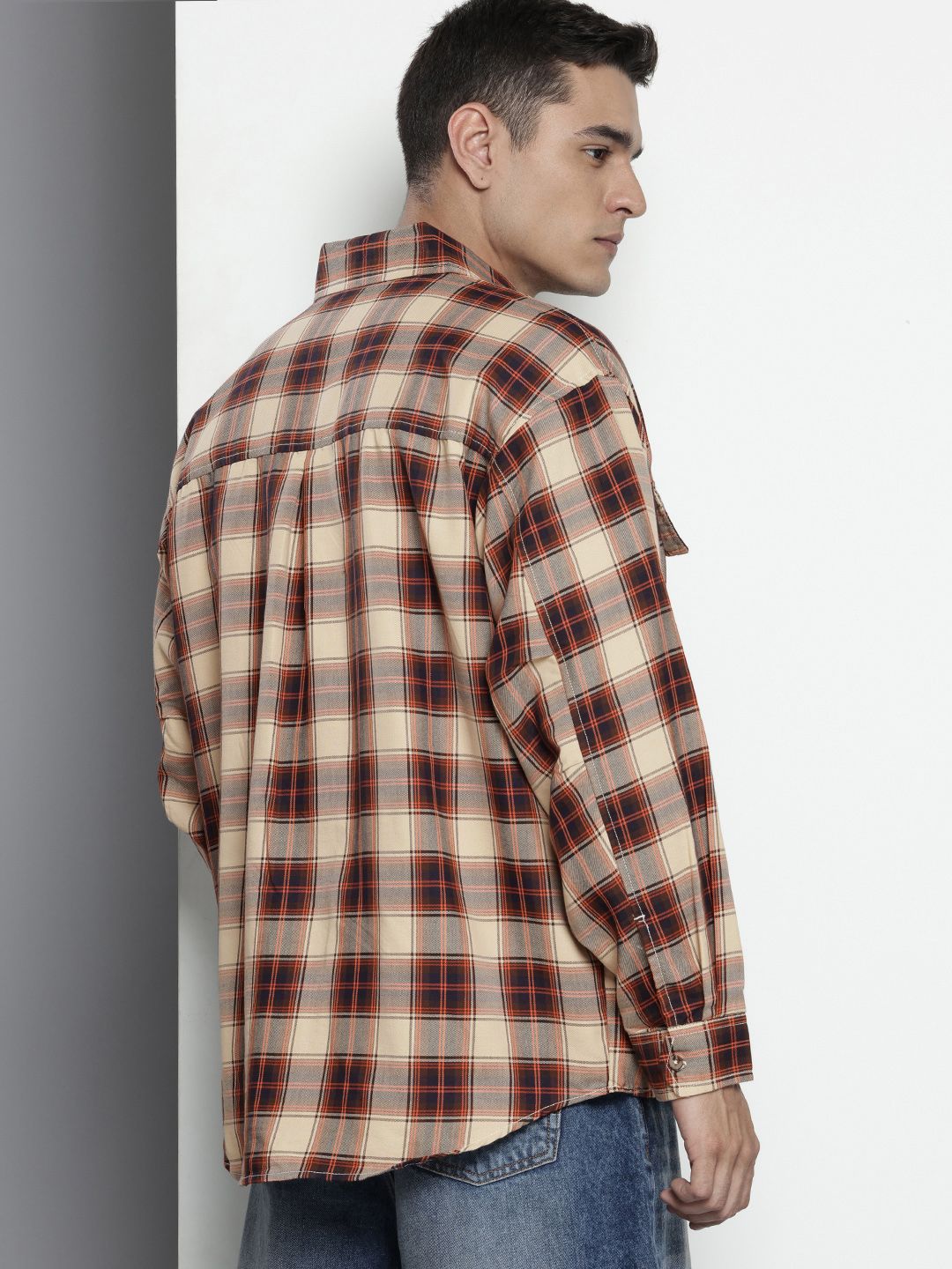 Men's Beige Oversized Checked Street Wear Shirt