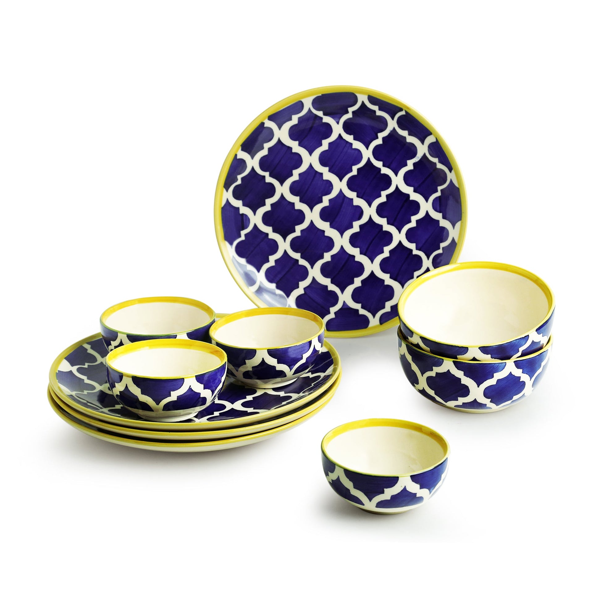 Blue - 'Moroccan Dining' Handpainted Ceramic Dinner Plates With Katoris & Serving Bowls (10 Pieces, Serving for 4)