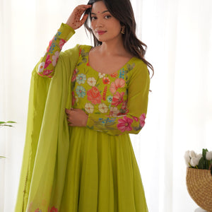 Organza Silk Hand Work Anarkali Kurti Dupatta Pant Set ( Ready to Wear)