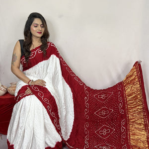 Heavy Ghazi Silk White Concept Bandhani Saree