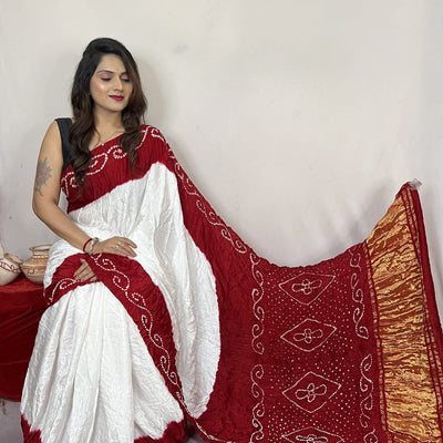 Heavy Ghazi Silk White Concept Bandhani Saree
