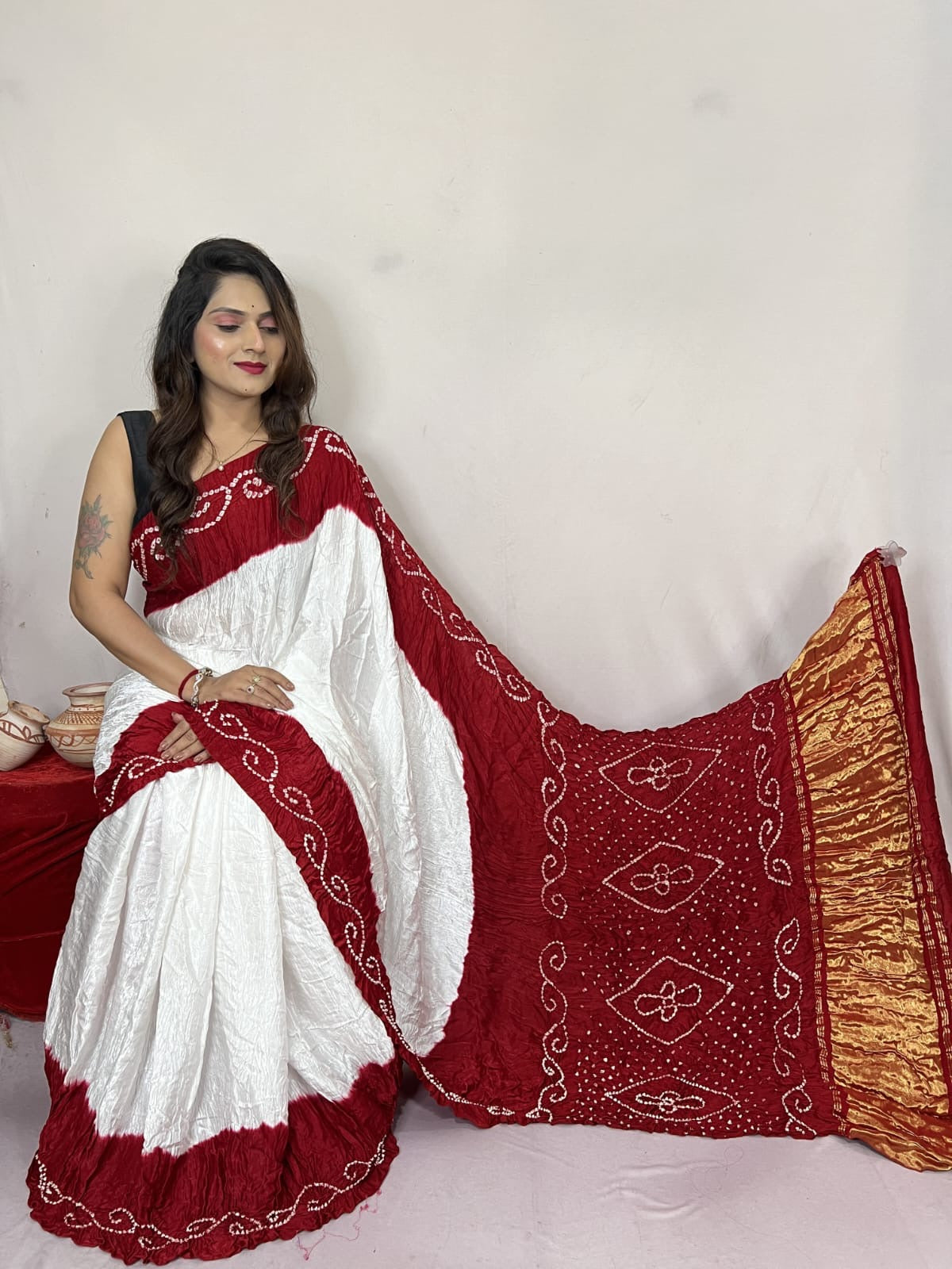 Heavy Ghazi Silk White Concept Bandhani Saree