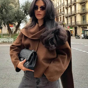 Clepa Vintage Woolen Short Coat in Brown with Scarf