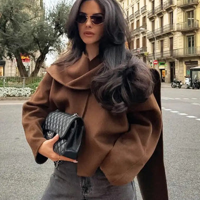 Clepa Vintage Woolen Short Coat in Brown with Scarf