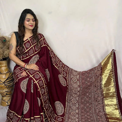 Modal Silk Original Hand Blocked Ajrakh work Lagdi Pallu Saree