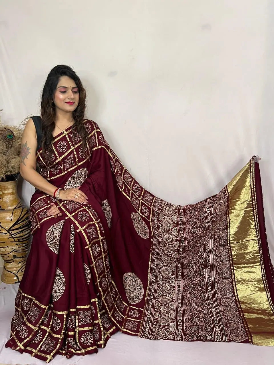 Modal Silk Original Hand Blocked Ajrakh work Lagdi Pallu Saree