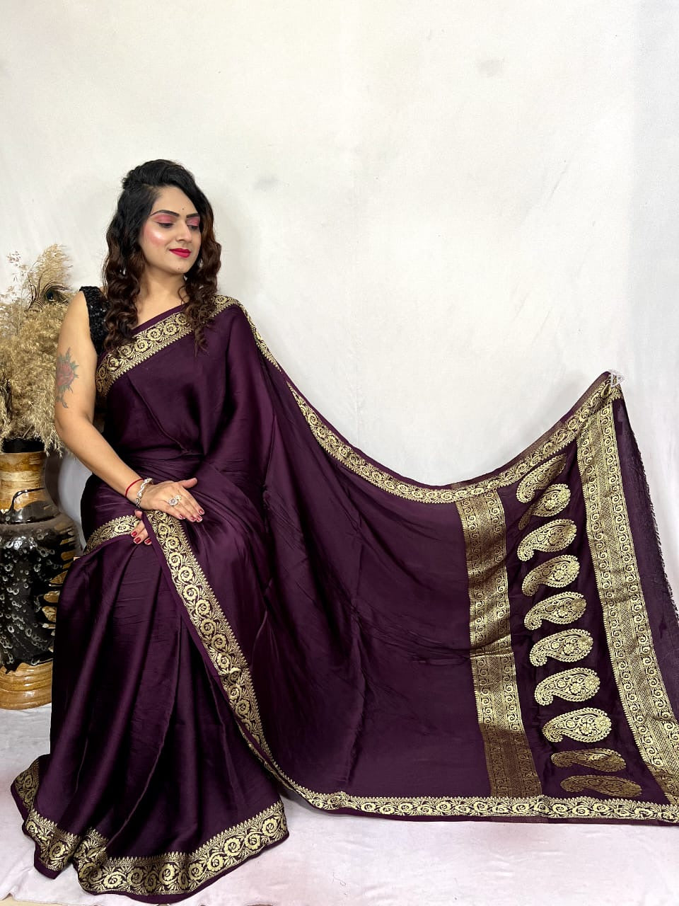 Modal Silk Golden Embroidery work Keri Pallu Saree