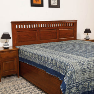 Blue - Ajrakh Block Printed Kantha Work Cotton Double Bed Cover (105 x 90 in)