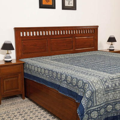 Blue - Ajrakh Block Printed Kantha Work Cotton Double Bed Cover (105 x 90 in)