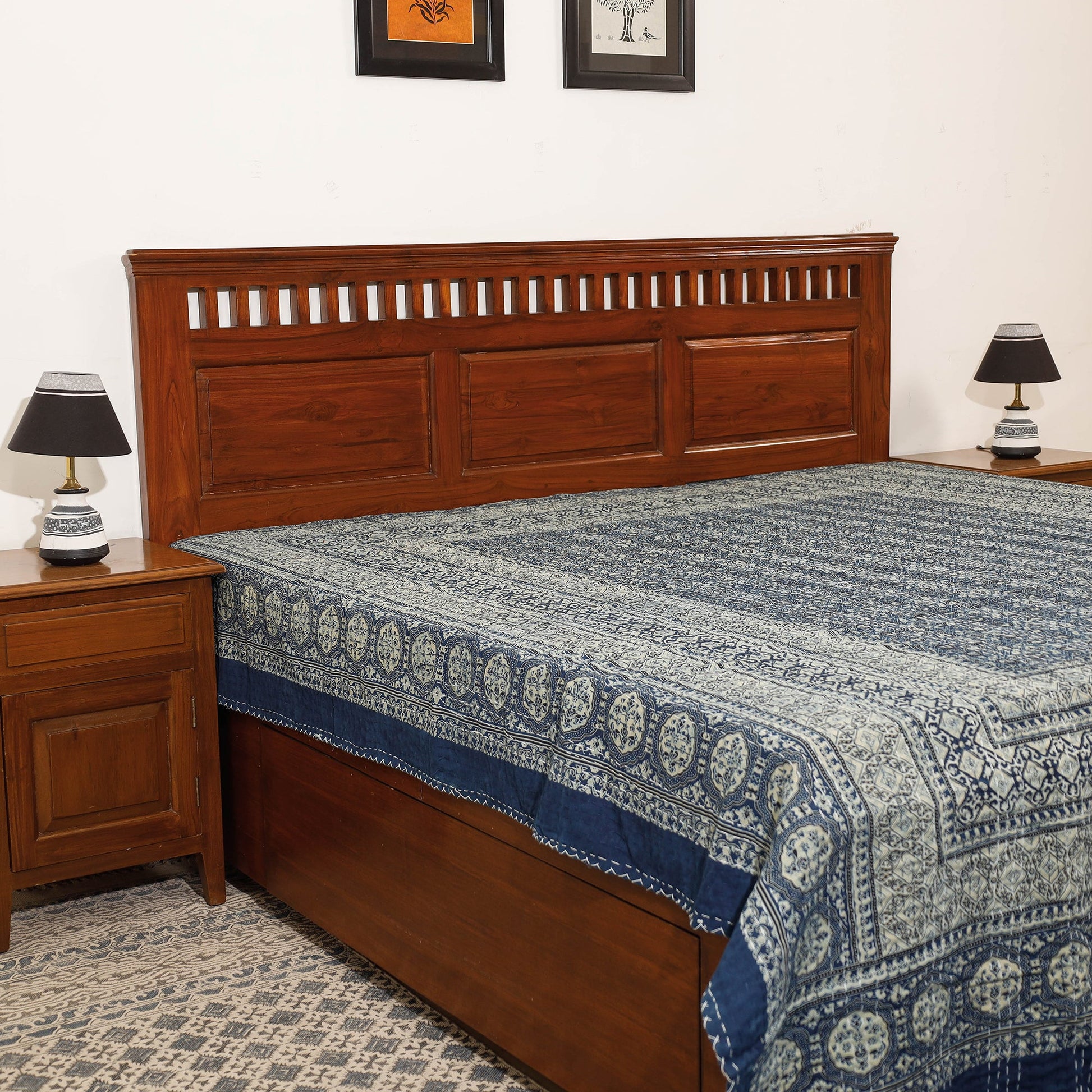 Blue - Ajrakh Block Printed Kantha Work Cotton Double Bed Cover (105 x 90 in)