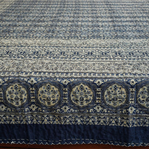 Blue - Ajrakh Block Printed Kantha Work Cotton Double Bed Cover (105 x 90 in)