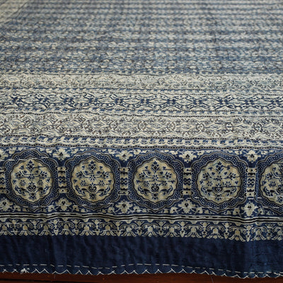 Blue - Ajrakh Block Printed Kantha Work Cotton Double Bed Cover (105 x 90 in)