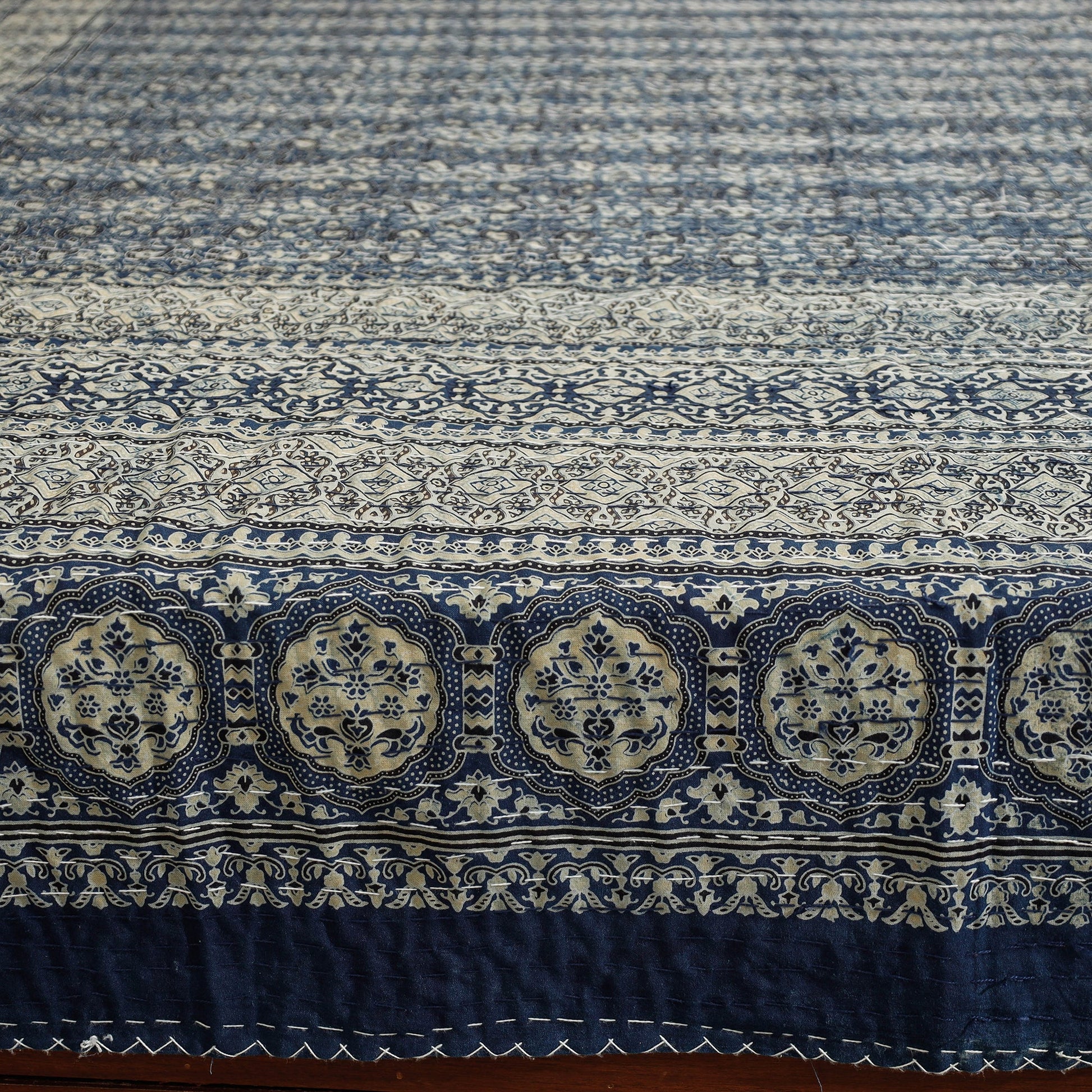 Blue - Ajrakh Block Printed Kantha Work Cotton Double Bed Cover (105 x 90 in)