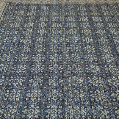 Blue - Ajrakh Block Printed Kantha Work Cotton Double Bed Cover (105 x 90 in)