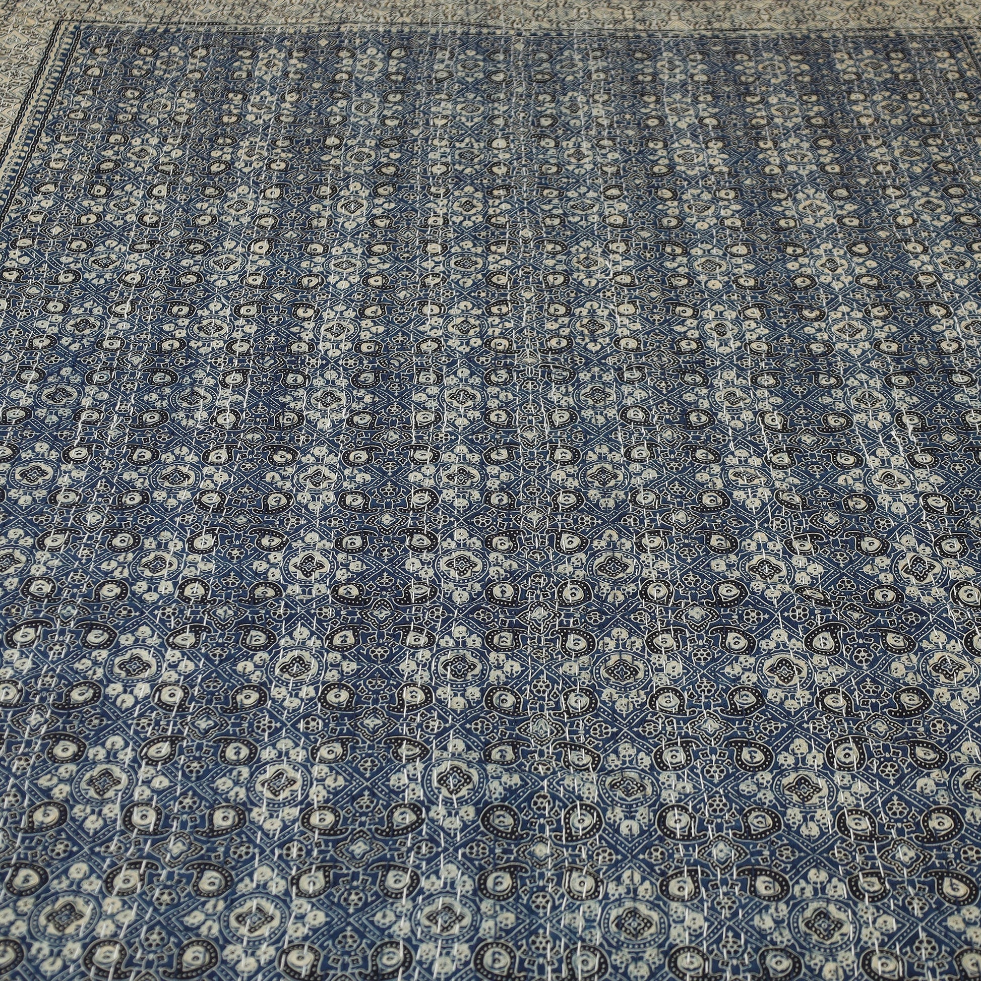 Blue - Ajrakh Block Printed Kantha Work Cotton Double Bed Cover (105 x 90 in)