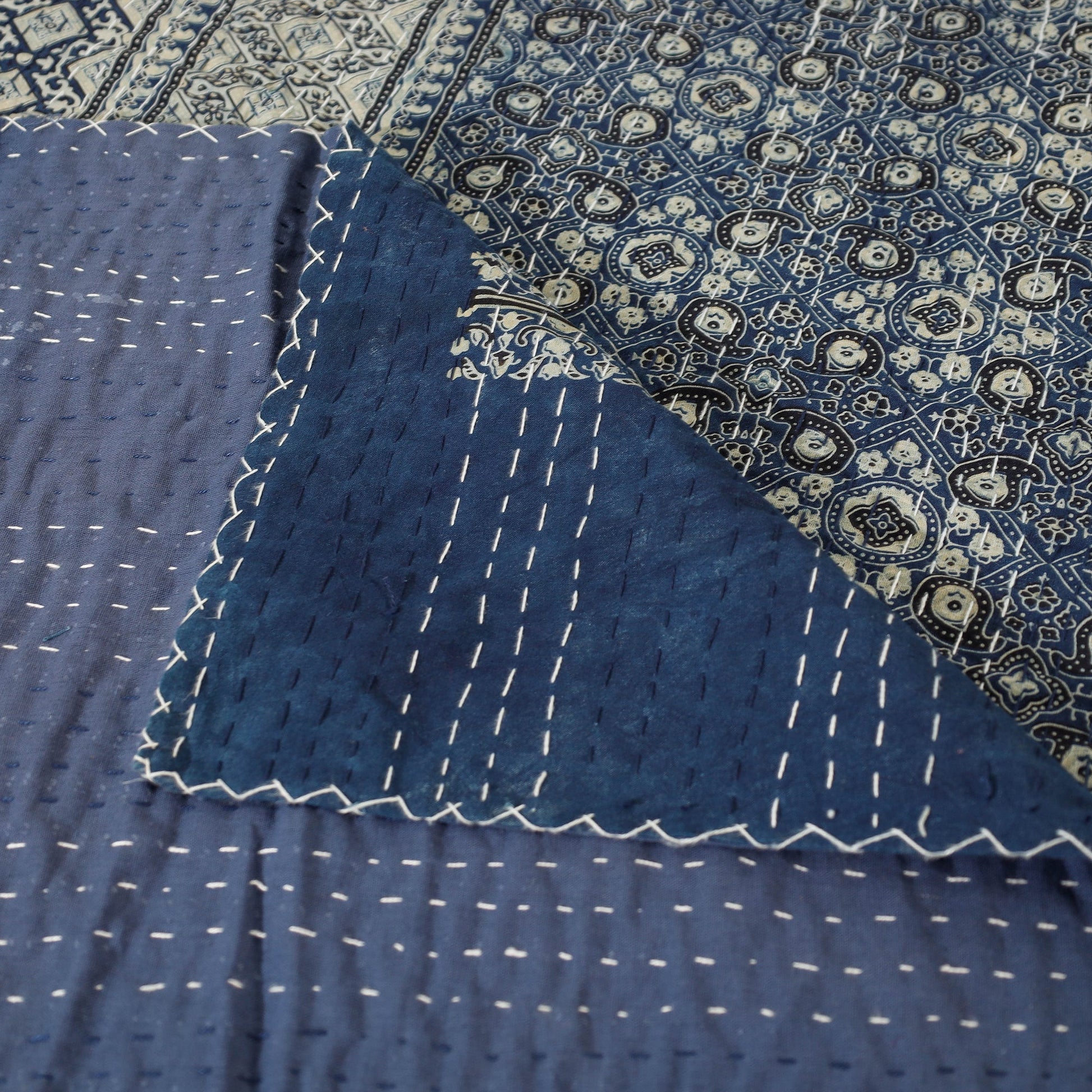 Blue - Ajrakh Block Printed Kantha Work Cotton Double Bed Cover (105 x 90 in)