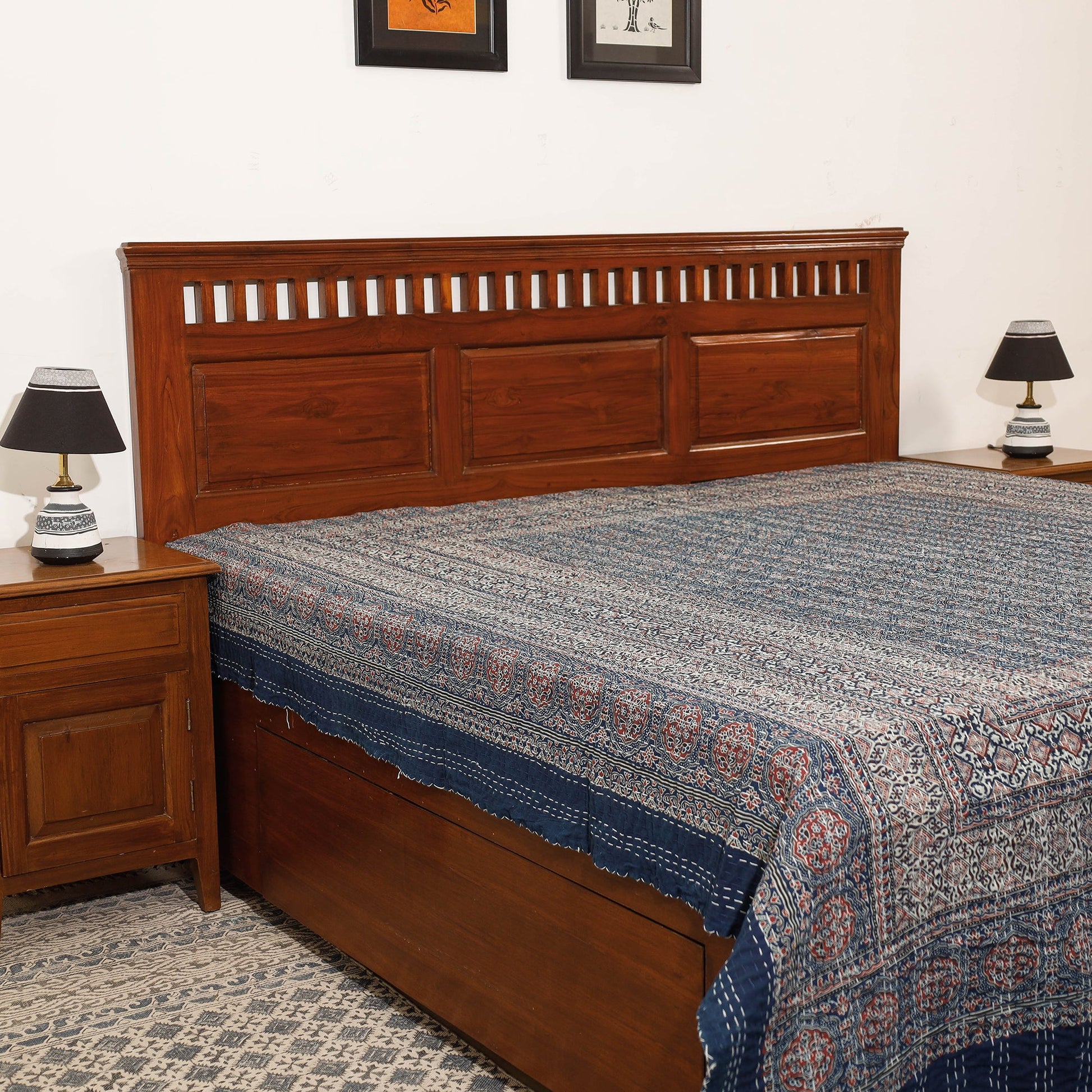 Blue - Ajrakh Block Printed Kantha Work Cotton Double Bed Cover (105 x 90 in)