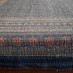 Blue - Ajrakh Block Printed Kantha Work Cotton Double Bed Cover (105 x 90 in)