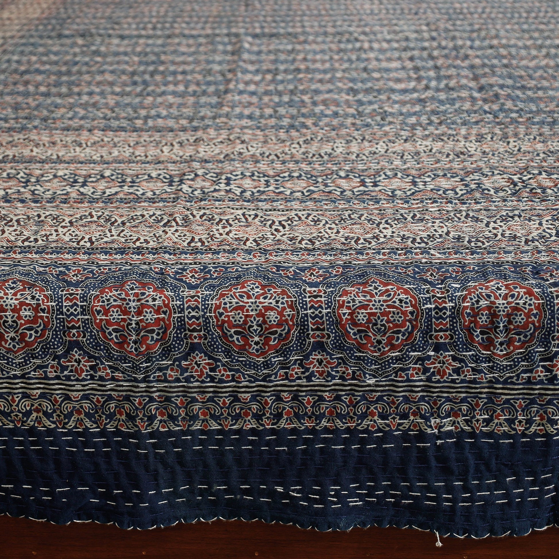 Blue - Ajrakh Block Printed Kantha Work Cotton Double Bed Cover (105 x 90 in)
