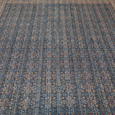 Blue - Ajrakh Block Printed Kantha Work Cotton Double Bed Cover (105 x 90 in)