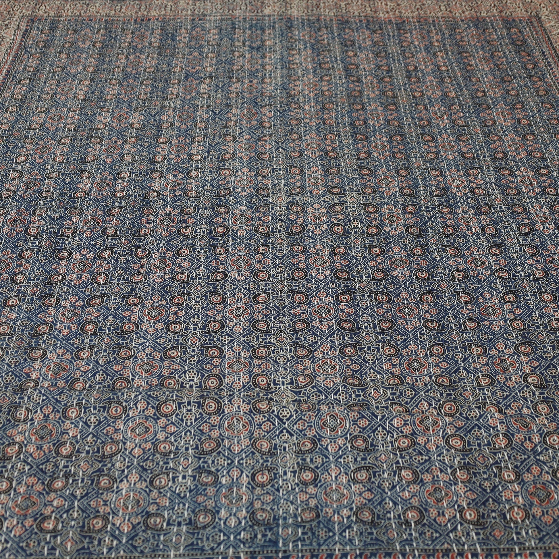 Blue - Ajrakh Block Printed Kantha Work Cotton Double Bed Cover (105 x 90 in)