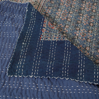 Blue - Ajrakh Block Printed Kantha Work Cotton Double Bed Cover (105 x 90 in)