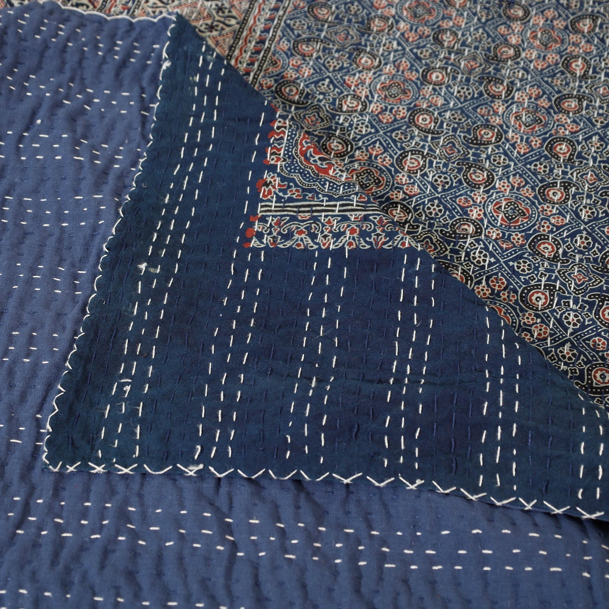 Blue - Ajrakh Block Printed Kantha Work Cotton Double Bed Cover (105 x 90 in)