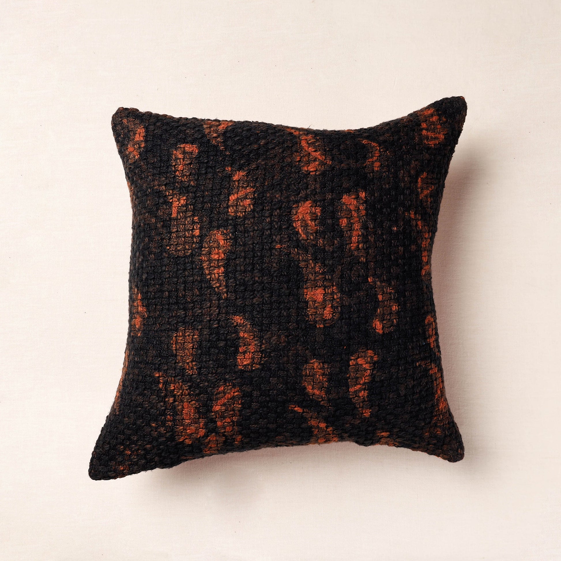 Black - Bagru Block Printed Jute Cushion Cover (16 x 16 in)