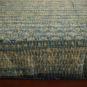 Blue - Ajrakh Block Printed Kantha Work Cotton Double Bed Cover (105 x 90 in)