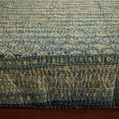 Blue - Ajrakh Block Printed Kantha Work Cotton Double Bed Cover (105 x 90 in)
