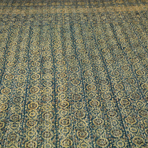 Blue - Ajrakh Block Printed Kantha Work Cotton Double Bed Cover (105 x 90 in)