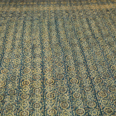 Blue - Ajrakh Block Printed Kantha Work Cotton Double Bed Cover (105 x 90 in)