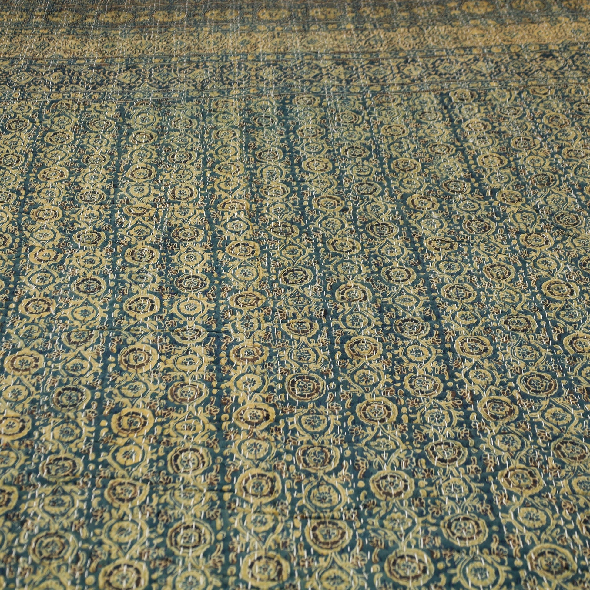 Blue - Ajrakh Block Printed Kantha Work Cotton Double Bed Cover (105 x 90 in)