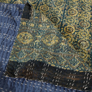 Blue - Ajrakh Block Printed Kantha Work Cotton Double Bed Cover (105 x 90 in)