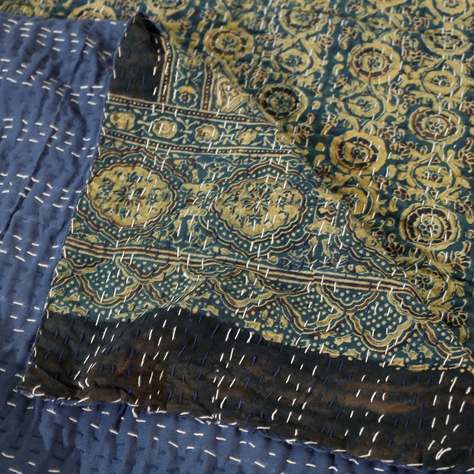 Blue - Ajrakh Block Printed Kantha Work Cotton Double Bed Cover (105 x 90 in)