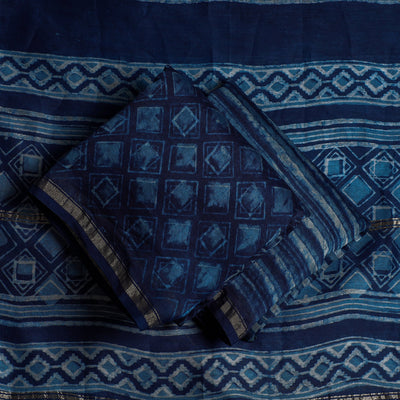 Blue - 3pc Akola Block Printed Chanderi Silk Suit Material Set