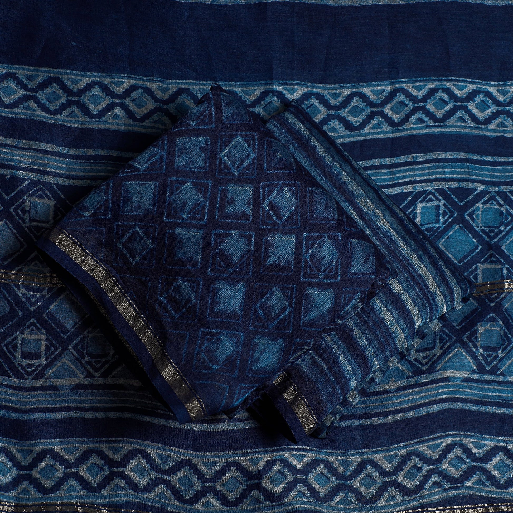 Blue - 3pc Akola Block Printed Chanderi Silk Suit Material Set