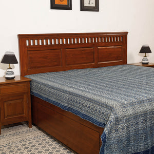 Blue - Ajrakh Block Printed Kantha Work Cotton Double Bed Cover (105 x 90 in)