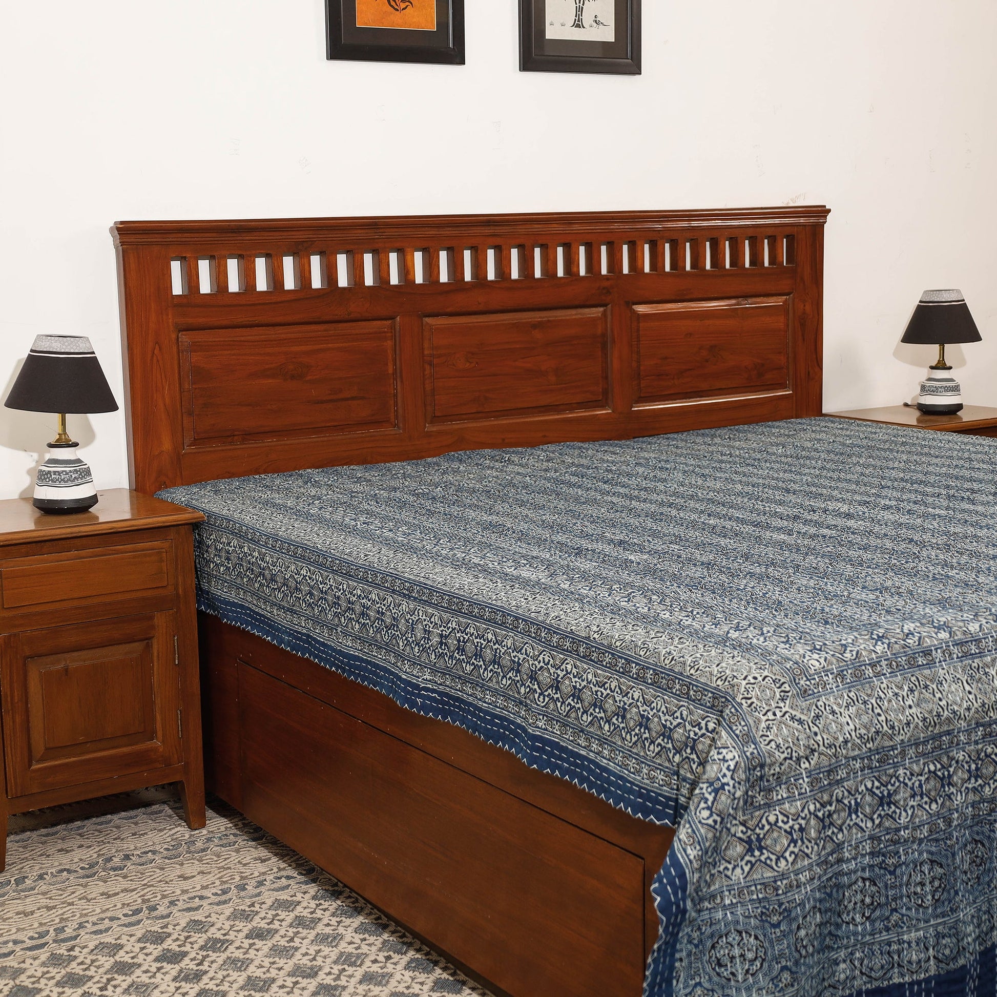Blue - Ajrakh Block Printed Kantha Work Cotton Double Bed Cover (105 x 90 in)