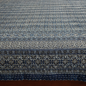 Blue - Ajrakh Block Printed Kantha Work Cotton Double Bed Cover (105 x 90 in)