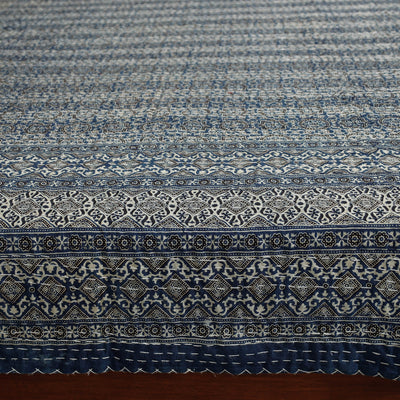 Blue - Ajrakh Block Printed Kantha Work Cotton Double Bed Cover (105 x 90 in)