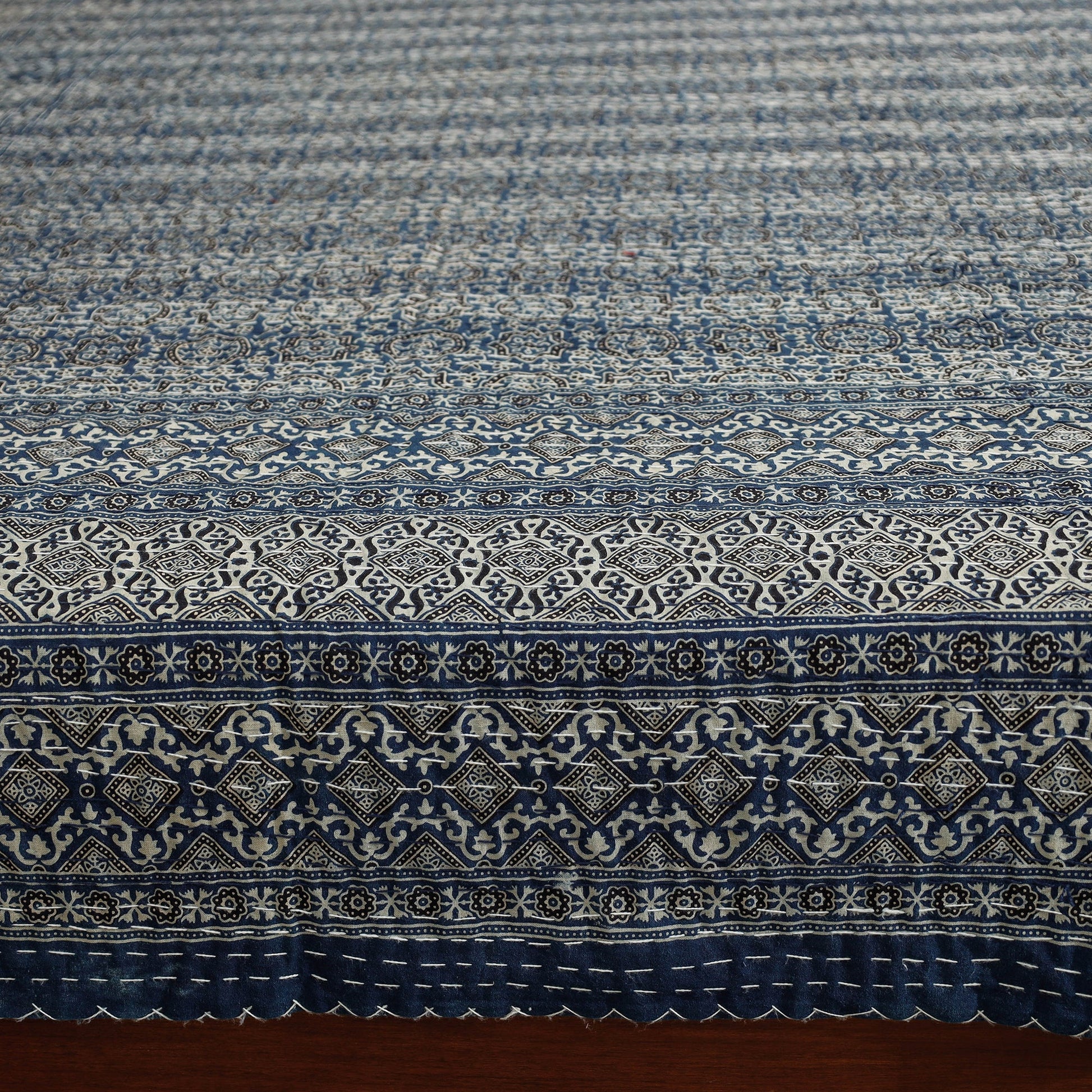 Blue - Ajrakh Block Printed Kantha Work Cotton Double Bed Cover (105 x 90 in)