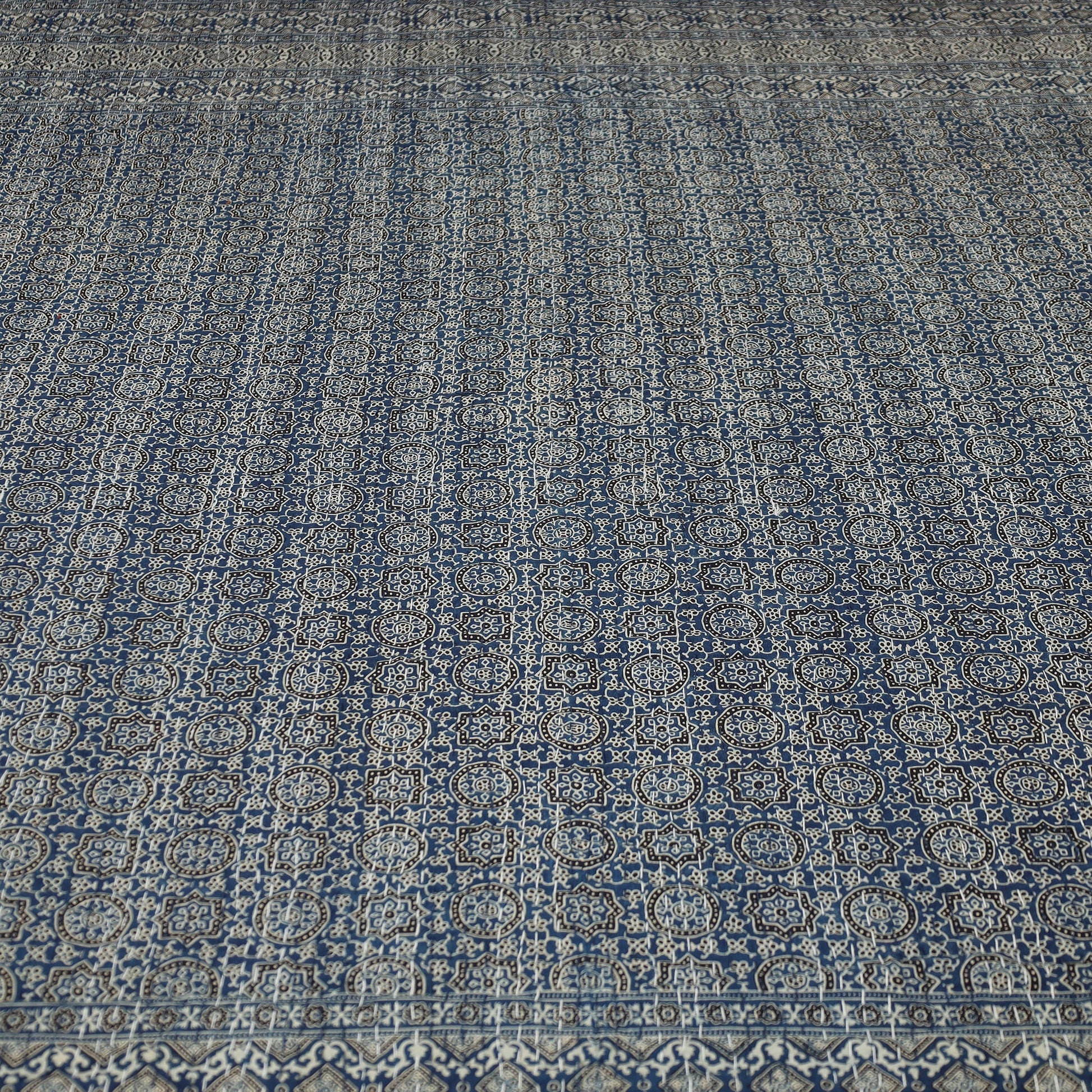 Blue - Ajrakh Block Printed Kantha Work Cotton Double Bed Cover (105 x 90 in)